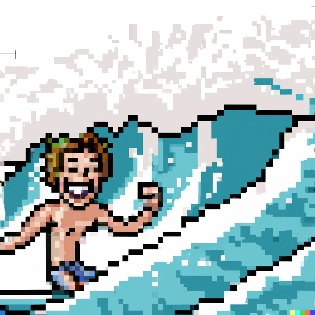 8 bit Picture of a boy surfing a big wave