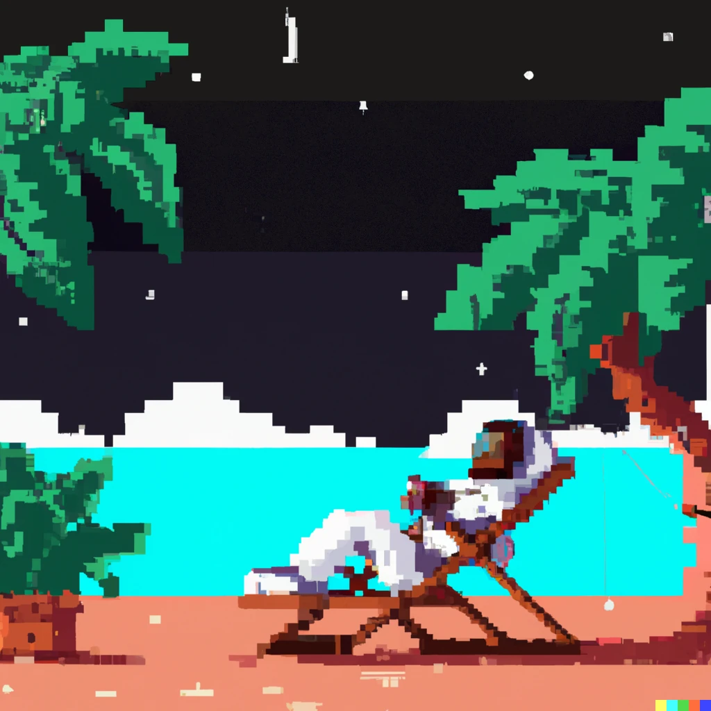 An astronaut lounging in a tropical resort in space, pixel art