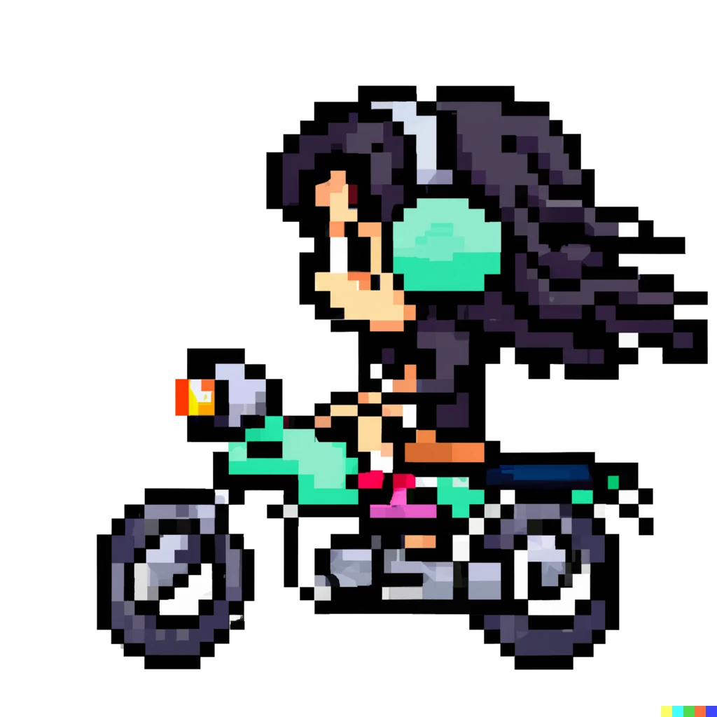 8 bit Picture of a girl wearing headphones and riding a motorcycle