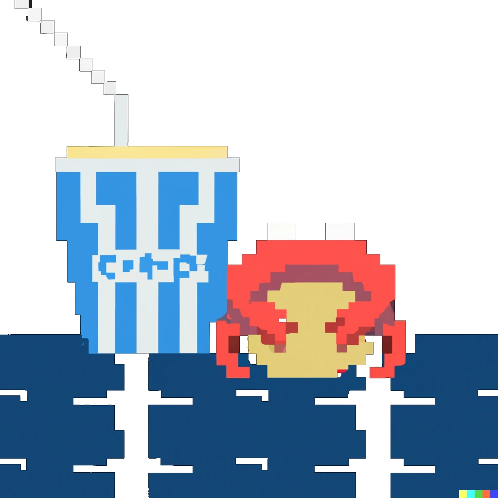 a crab sitting in a movie hall eating pop corn and drinking soda watching a movie 8 bit