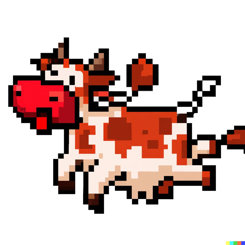 8 bit Picture of a red cow with its mouth open, running